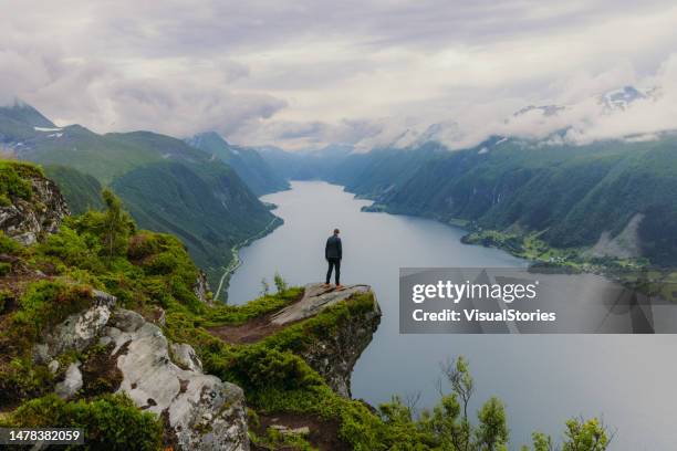 side view of a man on top of mountain overlooking summer norway fjord - penhasco caraterísticas do território imagens e fotografias de stock
