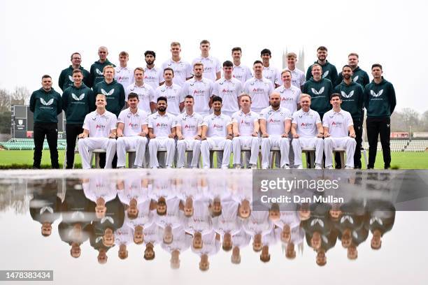 The players and staff of Worcestershire pose for a group photo during the Worcestershire County Cricket Club Photocall at New Road on March 31, 2023...