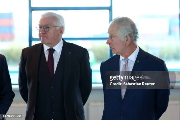 German President Frank-Walter Steinmeier and King Charles III undertake a Green Energy boat tour on March 31, 2023 in Hamburg, Germany. The King and...