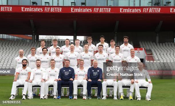 Lancashire players pose for a team photograph during the Lancashire Photocall at Emirates Old Trafford on March 31, 2023 in Manchester, England.