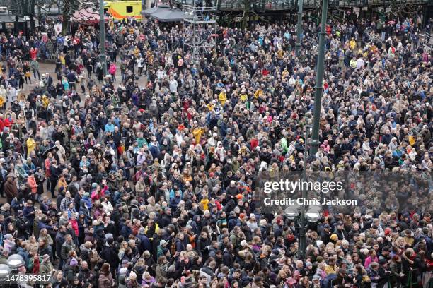 View of crowds outside Hamburg City Hall ahead of King Charles III and Camilla, Queen Consort's visit on March 31, 2023 in Hamburg, Germany. The King...