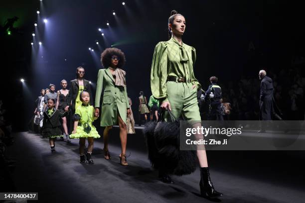 Models walk the runway at Shengze Fashion Show by designer Wei Liu during the day eight of China Fashion Week AW23 at 751 D.Park on March 31, 2023 in...