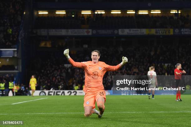 Ann-Katrin Berger of Chelsea celebrates after making the winning save in a penalty shoot out during the UEFA Women's Champions League quarter-final...