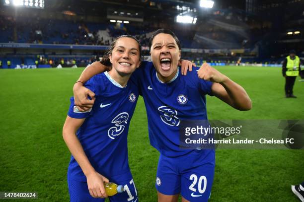 Jessie Fleming and Sam Kerr of Chelsea celebrate following their team's victory in the UEFA Women's Champions League quarter-final 2nd leg match...