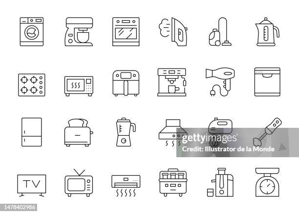haushaltsgeräte-linie-icons - rührbesen stock-grafiken, -clipart, -cartoons und -symbole