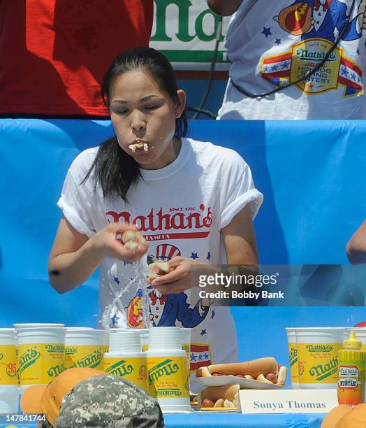 Sonya "The Black Widow" Thomas wins the 2012 Women's Competition with 45 hot dogs at the 2012 Nathan's Famous Fourth Of July International Hot Dog...