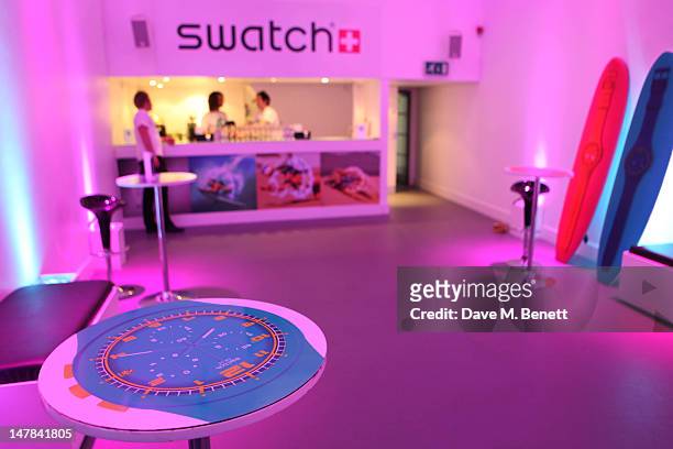 View of atmosphere at the Swatch Chrono Plastic launch party at the Future Gallery on July 4, 2012 in London, England.