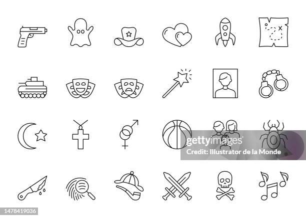 stockillustraties, clipart, cartoons en iconen met movie genre line icons - thriller film genre