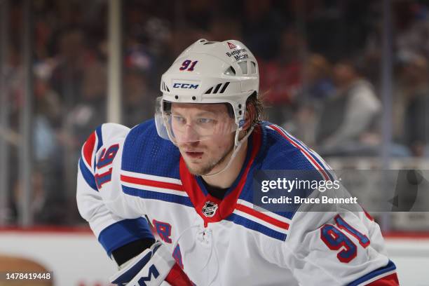 Vladimir Tarasenko of the New York Rangers skates against the New Jersey Devils at the Prudential Center on March 30, 2023 in Newark, New Jersey.