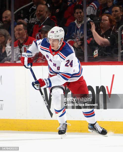 Kaapo Kakko of the New York Rangers skates against the New Jersey Devils at the Prudential Center on March 30, 2023 in Newark, New Jersey.