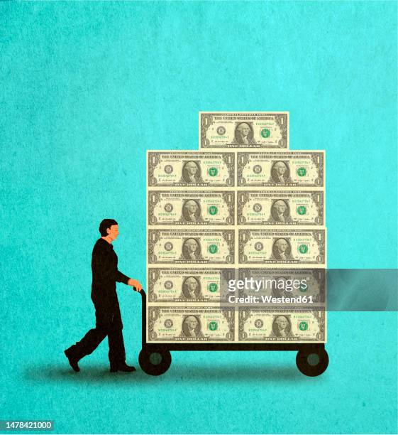 businessman pushing stack of dollars on trolley - banknote stock illustrations