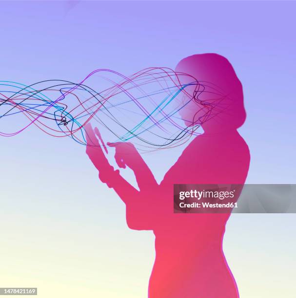 illustrazioni stock, clip art, cartoni animati e icone di tendenza di woman with wave pattern text messaging through smart phone - frequenza