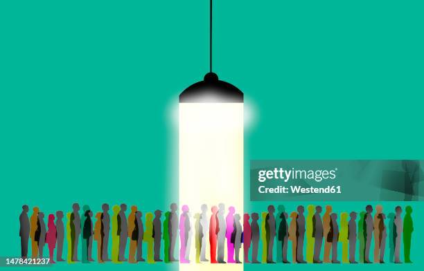 bildbanksillustrationer, clip art samt tecknat material och ikoner med business people waiting in employment line under illuminated light - rekrytering