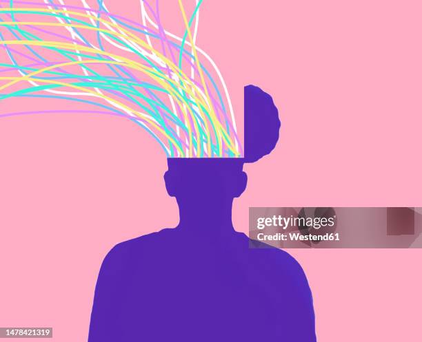 ilustrações de stock, clip art, desenhos animados e ícones de silhouette man with colorful wires coming out from open head - sistema nervoso central