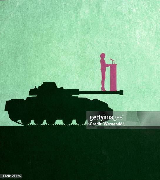 ilustraciones, imágenes clip art, dibujos animados e iconos de stock de silhouette politician giving speech on armored tank - politician