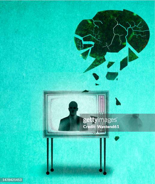 broken speech bubble over television with journalist - fake news stock illustrations