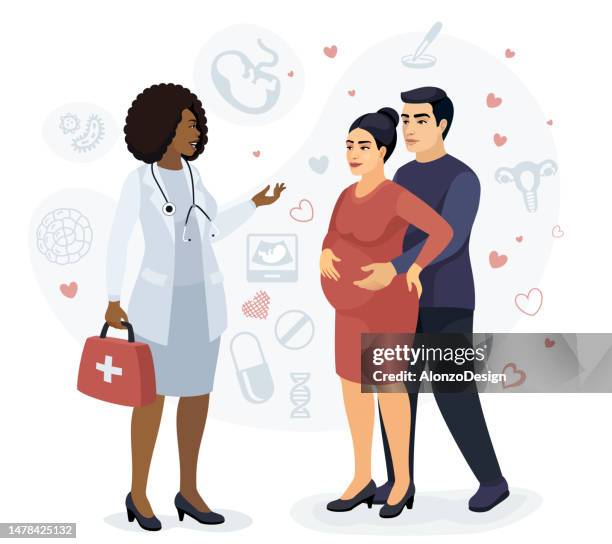 obstetrician consulting a pregnant woman offering advice to future parents - obstetrician stock illustrations