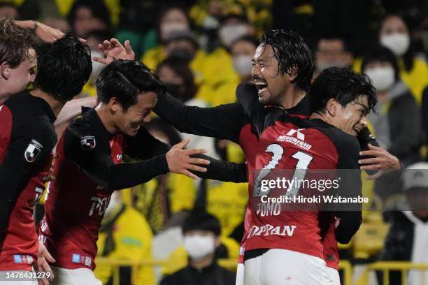 Shinzo Koroki of Urawa Red Diamonds celebrates scoring his team's first goal during the J.LEAGUE Meiji Yasuda J1 6th Sec. Match between Kashiwa...