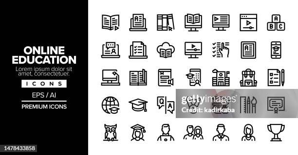 online education editable stroke line icon set series - empty computer classroom stock illustrations