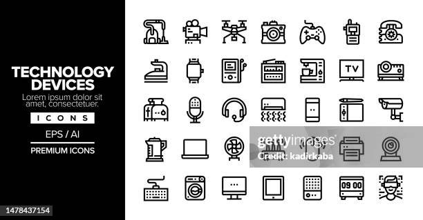 technology devices editable stroke line icon set series - touching virtual screen stock illustrations