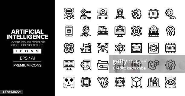 artificial intelligence editable stroke line icon set series - quantum physics stock illustrations