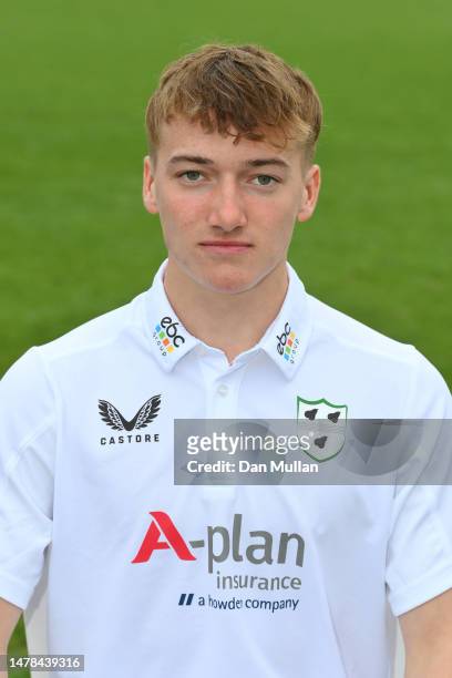 Oliver Cox of Worcestershire poses for a portrait during the Worcestershire County Cricket Club Photocall at New Road on March 31, 2023 in Worcester,...