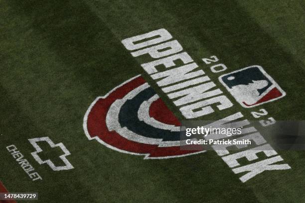 Detailed view of infield logo reading 'Opening Week 2023' is seen on Opening Day at Nationals Park on March 30, 2023 in Washington, DC.