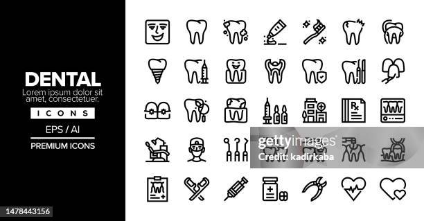 dental editable stroke line icon set series - dental filling stock illustrations