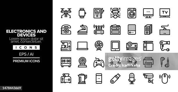electronics and devices editable stroke line icon set series - monitor keyboard mouse stock illustrations