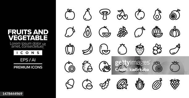 fruits and vegetable editable stroke line icon set series - grape seed stock illustrations