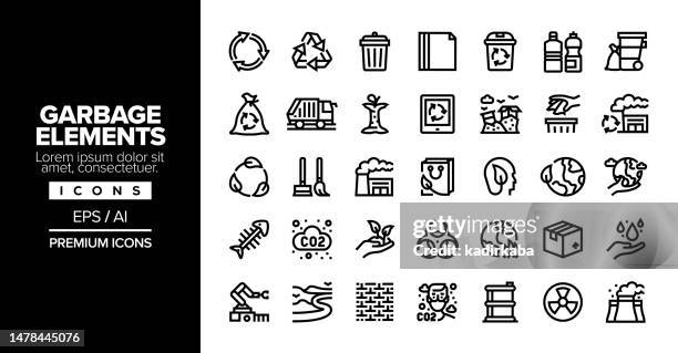 garbage elements editable stroke line icon set series - reduce plastic stock illustrations