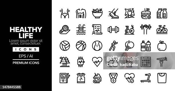 healthy life editable stroke line icon set series - bodybuilder sleeping stock illustrations