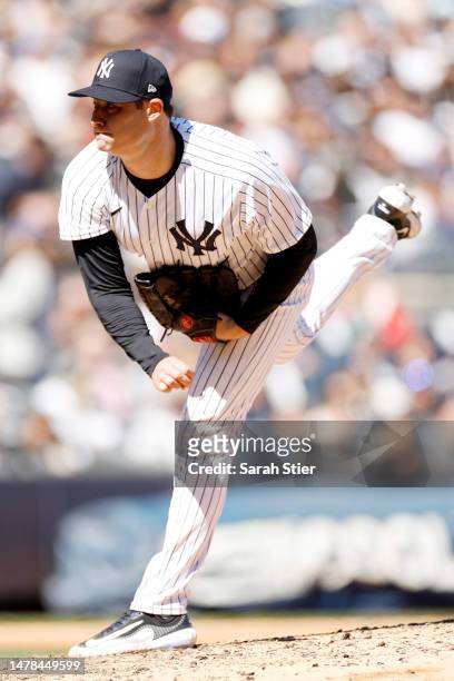 Gerrit Cole of the New York Yankees pitches during the fifth inning against the San Francisco Giants on Opening Day at Yankee Stadium on March 30,...