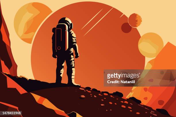 ilustraciones, imágenes clip art, dibujos animados e iconos de stock de cartel espacial - astronauta