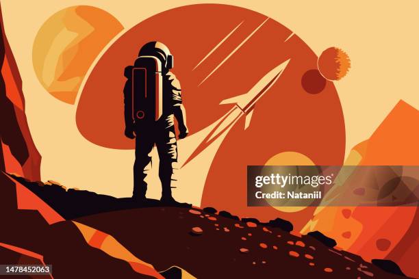 ilustraciones, imágenes clip art, dibujos animados e iconos de stock de cartel espacial - casco espacial