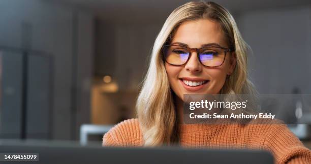happy woman, laptop or night reading for college, university or homeschool degree information. smile, student or studying technology on elearning website, internet research or late education deadline - reading glasses stock pictures, royalty-free photos & images