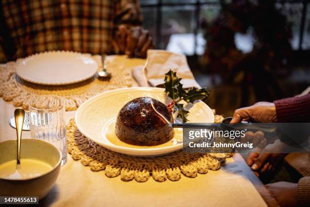 nahaufnahme der hand, die einen weihnachtspudding anzündet - christmas pudding stock-fotos und bilder