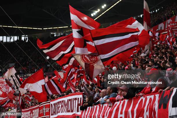 Fans show their support prior to the Second Bundesliga match between Fortuna Düsseldorf and Hamburger SV at Merkur Spiel-Arena on March 31, 2023 in...