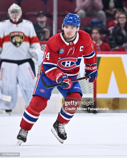 Nick Suzuki of the Montreal Canadiens skates during the third period against the Florida Panthers at Centre Bell on March 30, 2023 in Montreal,...