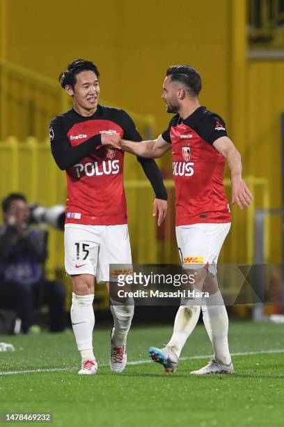 Takahiro Akimoto of Urawa Reds celebrates the third goal during the J.LEAGUE Meiji Yasuda J1 6th Sec. Match between Kashiwa Reysol and Urawa Red...