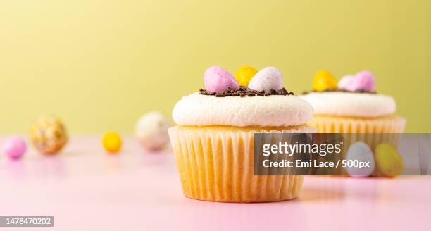 easter cupcake decorated with cream,chocolate sprinkles,sweet eggs - easter cake bildbanksfoton och bilder