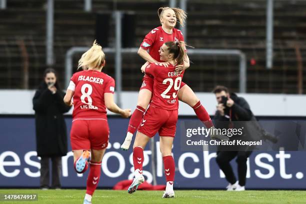 Weronika Zawistowska of Koeln celebrates the first goal with her team mates during the FLYERALARM Frauen-Bundesliga match between 1. FC Köln and MSV...