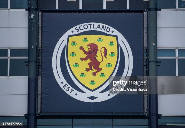 The Scotland badge on the side of Hamden Park ahead of the UEFA EURO 2024 qualifying round group A match between Scotland and Spain at Hampden Park...