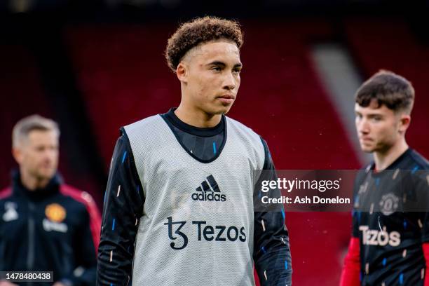 Sam Murray of Manchester United warms up prior to the Premier League 2 match between Manchester United and Arsenal U21's at Old Trafford on March 31,...