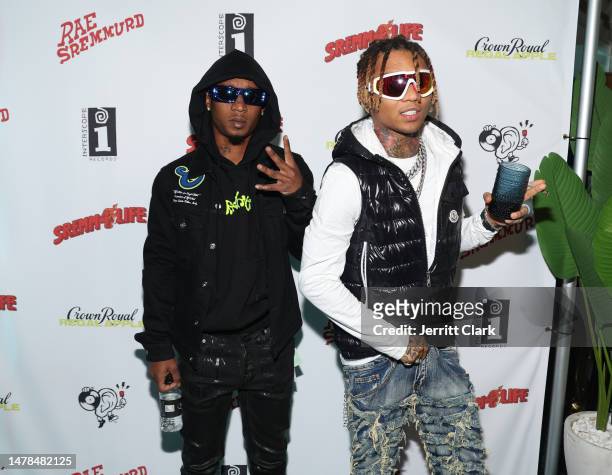 Slim Jxmmi and Swae Lee of Rae Sremmurd attend their 'Sremm 4 Life' Album Listening Party at Melrose Place on March 30, 2023 in West Hollywood,...