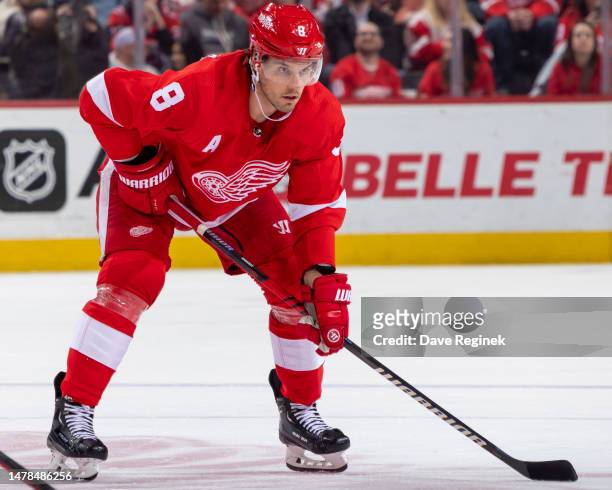 Ben Chiarot of the Detroit Red Wings gets set for the face-off against the Carolina Hurricanes during the third period of an NHL game at Little...
