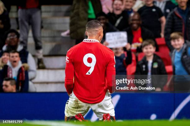 Mateo Mejia of Manchester United celebrates after scoring their sides first goal during the Premier League 2 match between Manchester United and...