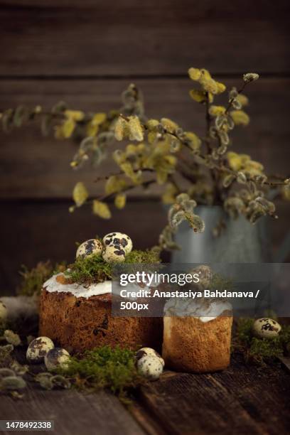 quail eggs with delicious baking on the wooden background,belarus - easter cake stock pictures, royalty-free photos & images