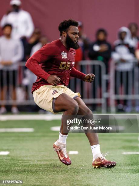Defensive Lineman Leonard Warner III works out for NFL Scouts and Coaches during Florida State Pro Day at the Dunlap Training Facility on the campus...