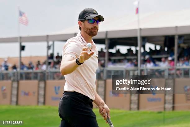 Patrick Rodgers of the United States reacts after making birdie on the 16th green during the second round of the Valero Texas Open at TPC San Antonio...